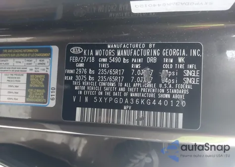 2019 Kia Sorento 2.4L Lx z USA, uszkodzony, nr VIN 5XYPGDA36KG440120